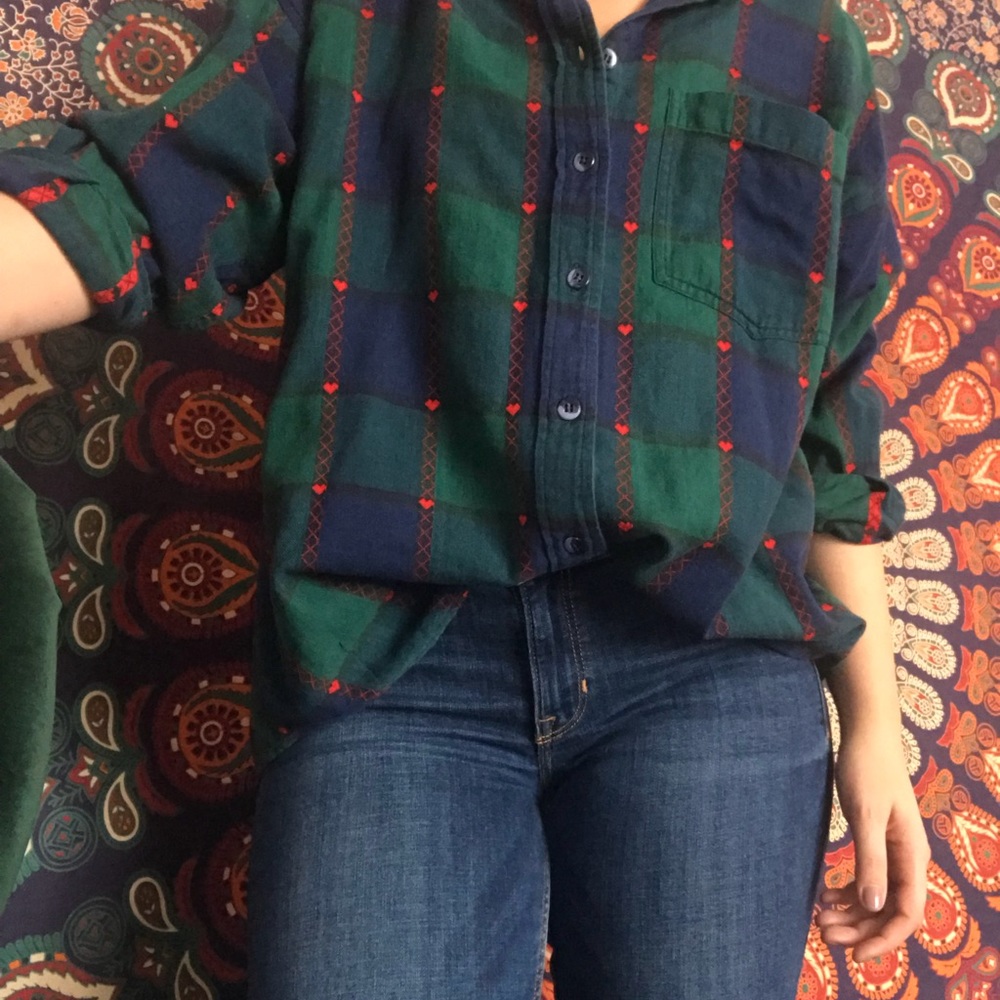 Vintage Flannel Top with Embroidered Hearts